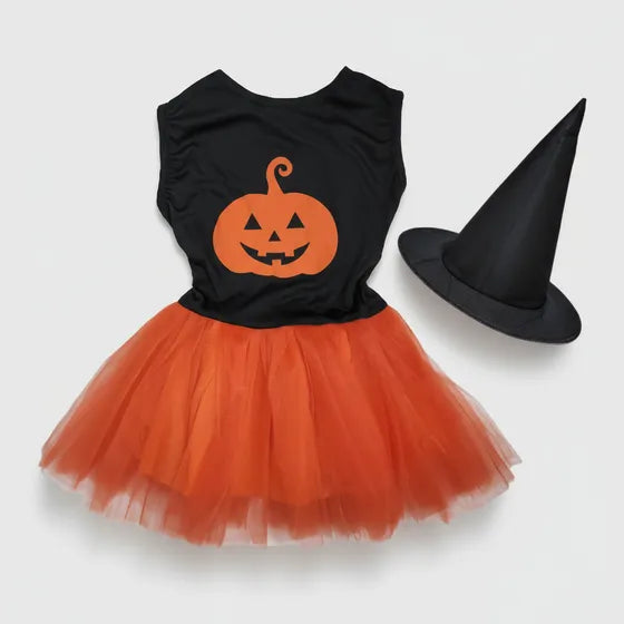 Vestido Disfraz Bruja Calabaza Con Gorro Nena Halloween